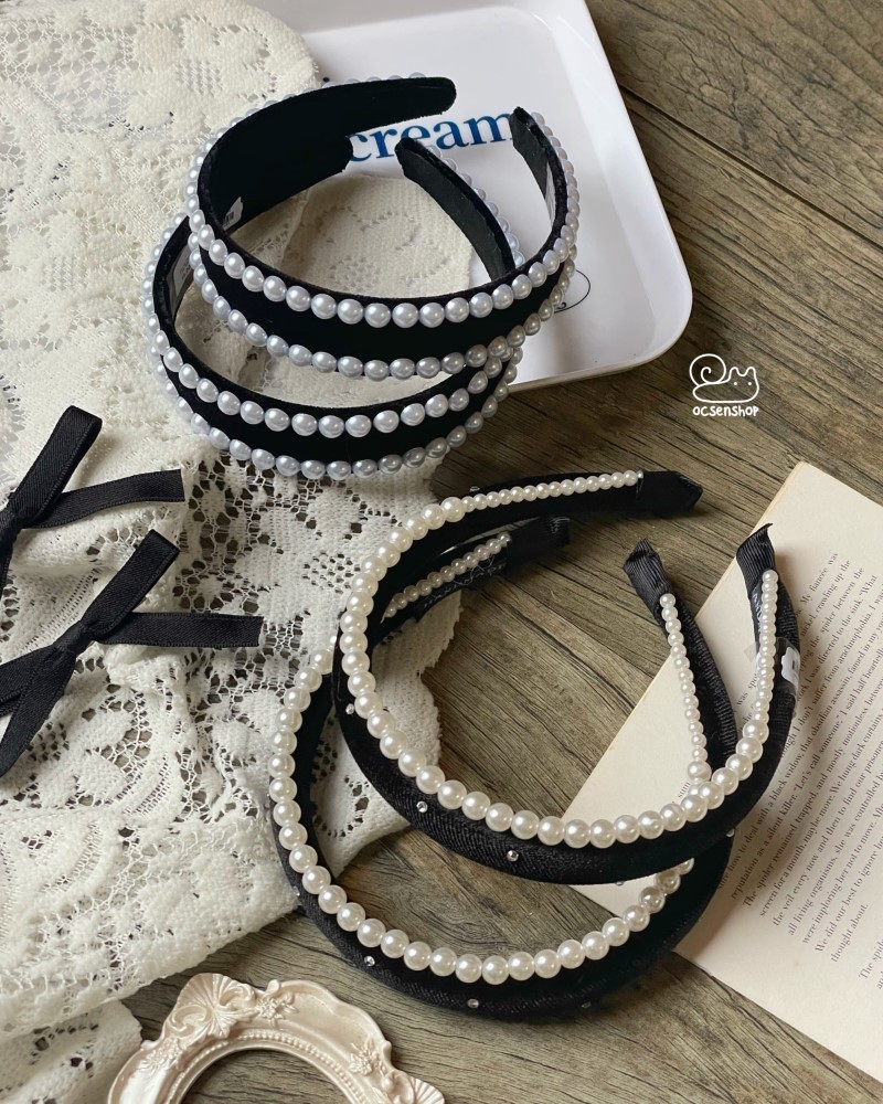 Bờm vải đen kèm viền ngọc trai