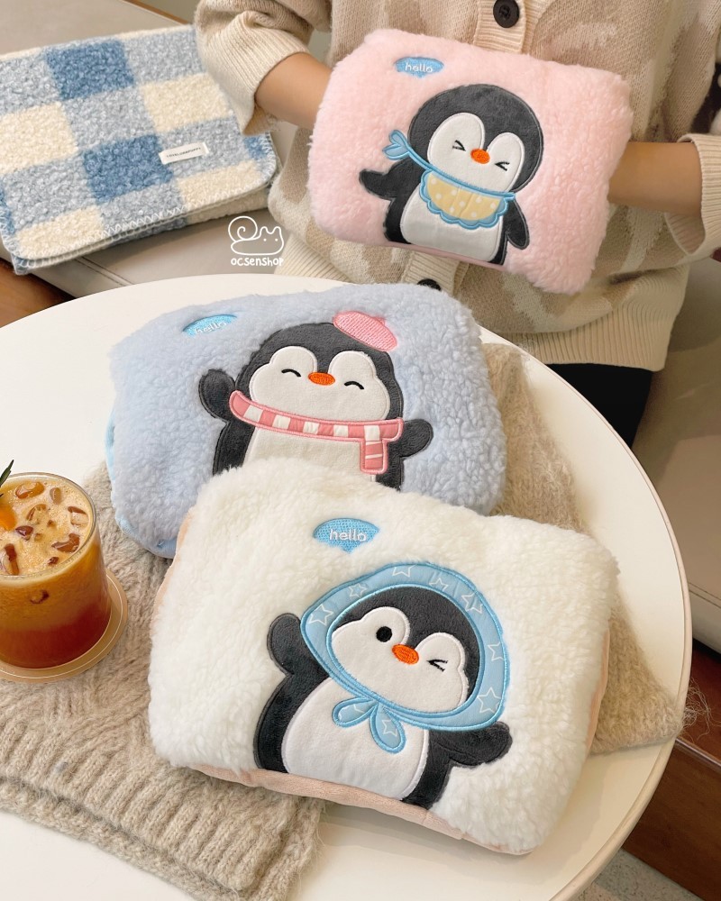 Túi chườm điện lông xù Chim cánh cụt hello