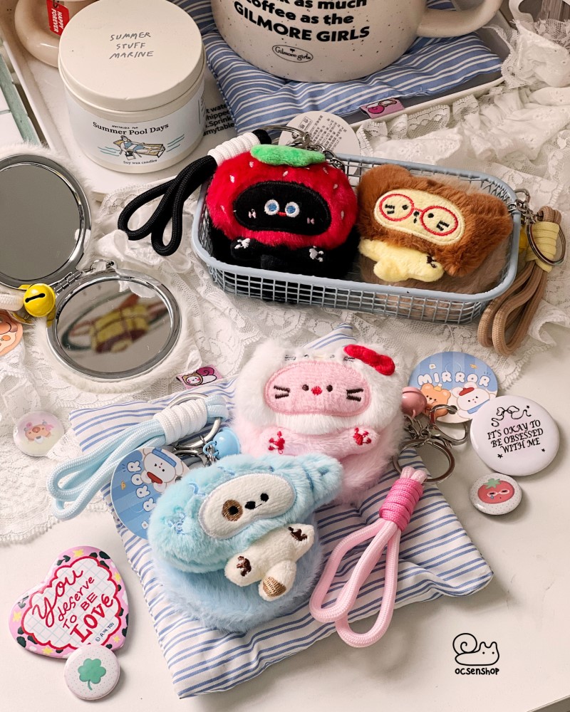 Gương bọc bông tròn Mèo cosplay kèm móc