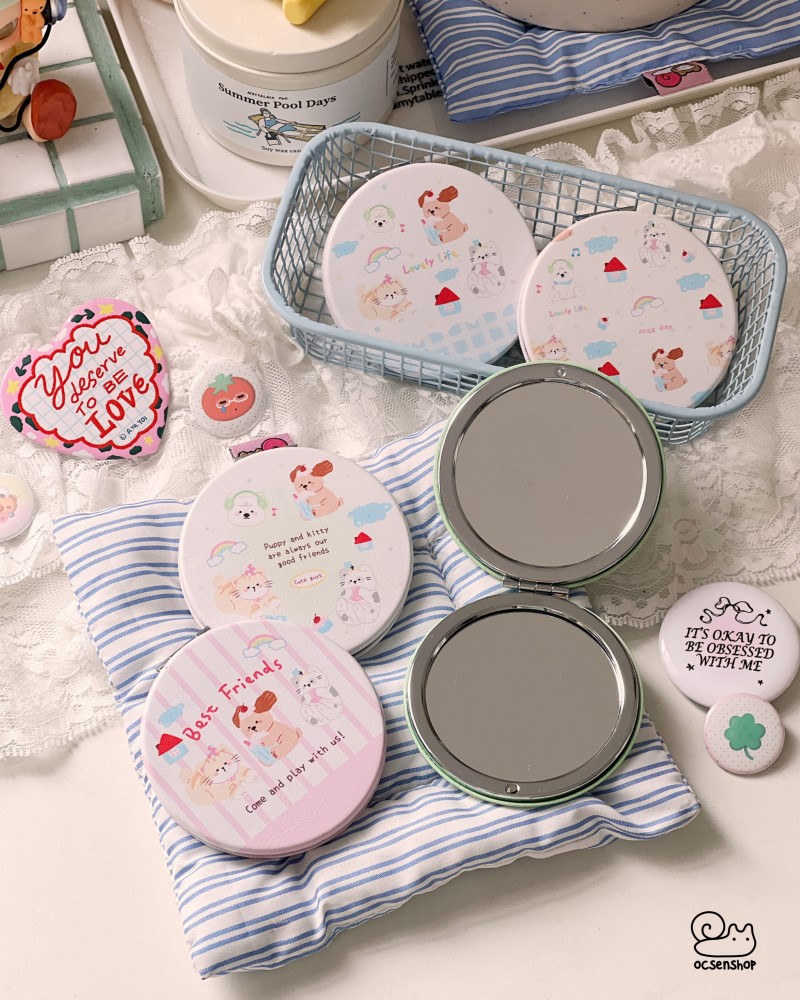 Gương bọc da 2 mặt tròn Puppy&Kitten