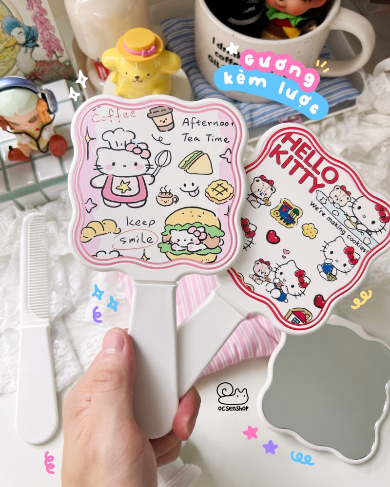 Gương cầm tay kèm lược Hello Kitty (10,5x20cm)
