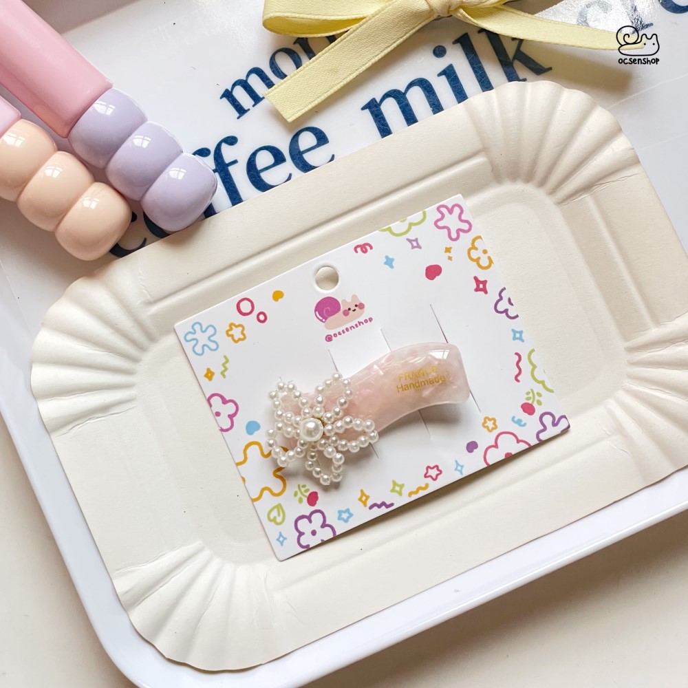 Kẹp tóc bóng vân đá đính ngọc trai (5,5cm)