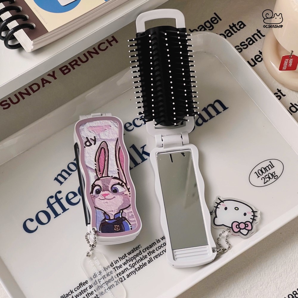 Lược gập kèm gương Cartoon (Kèm móc)