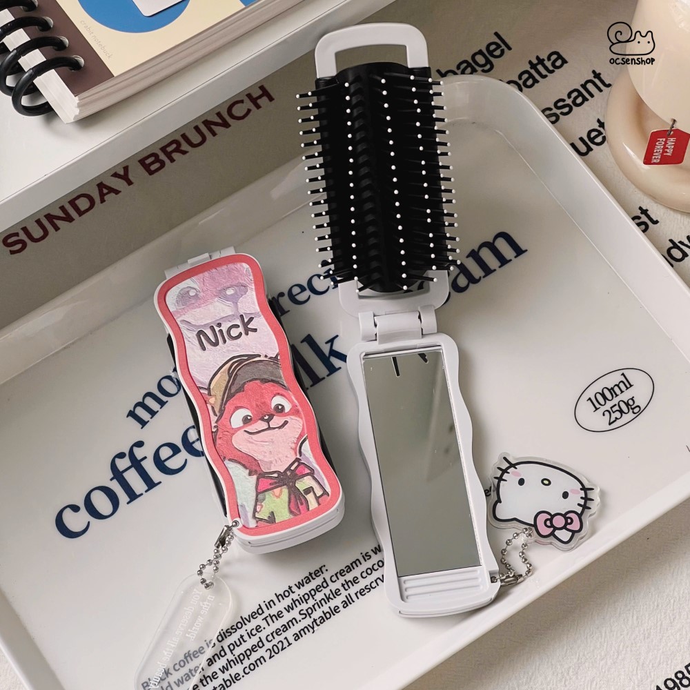 Lược gập kèm gương Cartoon (Kèm móc)