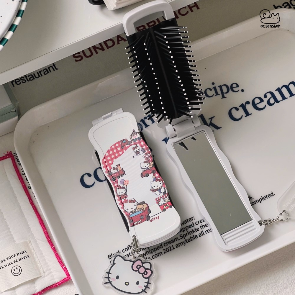 Lược gập kèm gương Hello Kitty (Kèm móc)