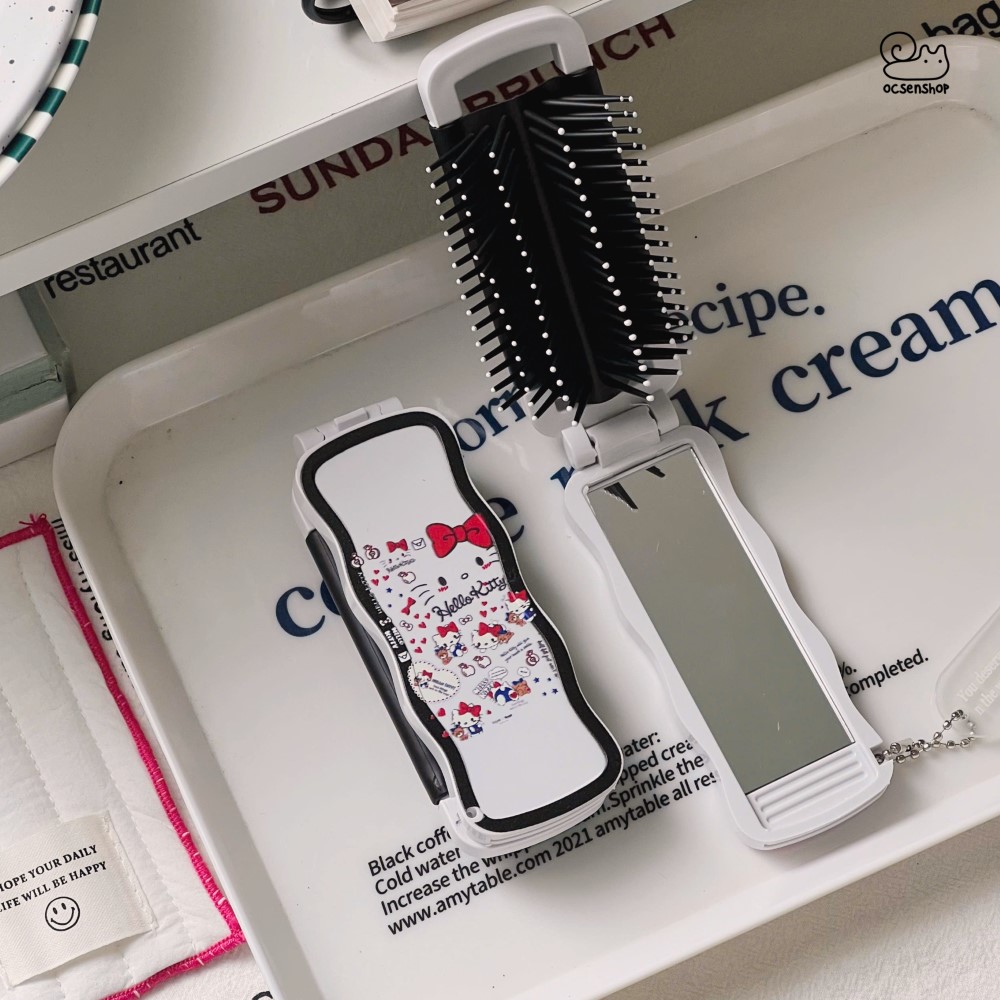 Lược gập kèm gương Hello Kitty (Kèm móc)