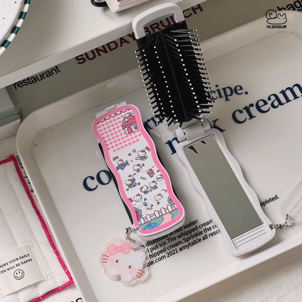 Lược gập kèm gương Hello Kitty (Kèm móc)