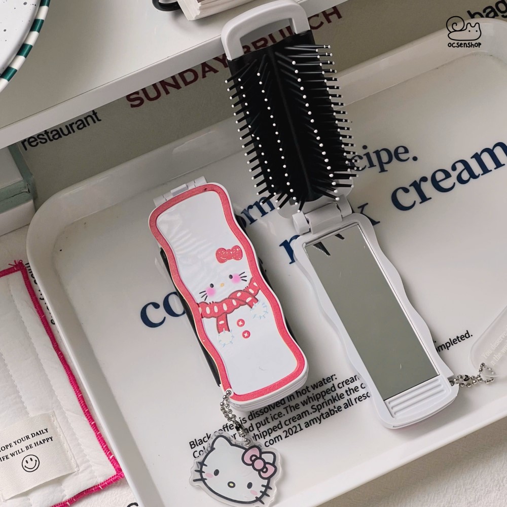 Lược gập kèm gương Hello Kitty (Kèm móc)