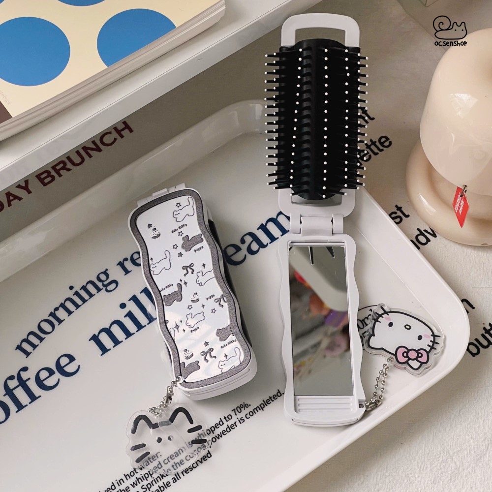 Lược gập kèm gương Mèo đen (Kèm móc)