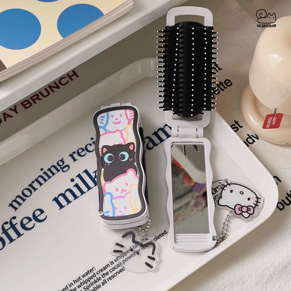 Lược gập kèm gương Mèo đen (Kèm móc)