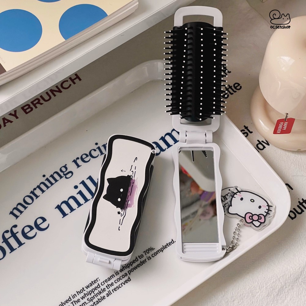 Lược gập kèm gương Mèo đen (Kèm móc)