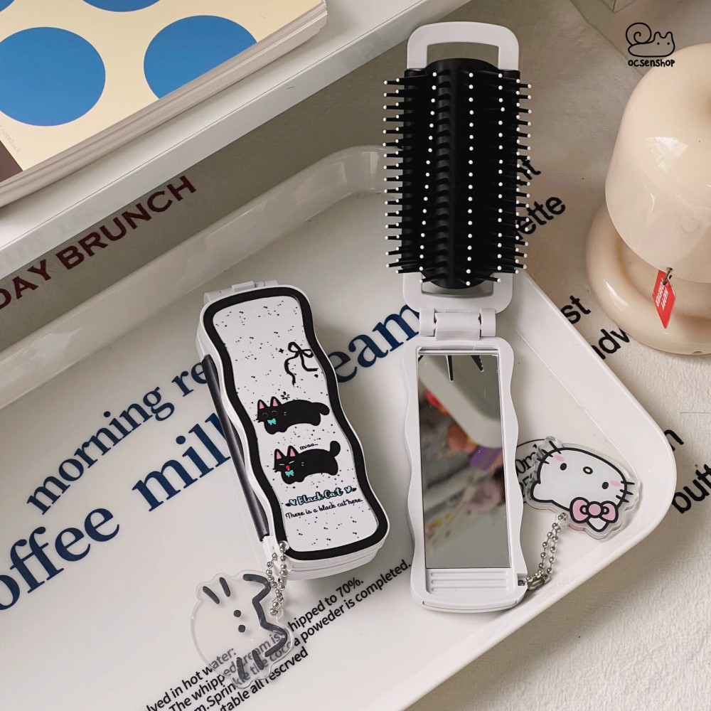 Lược gập kèm gương Mèo đen (Kèm móc)
