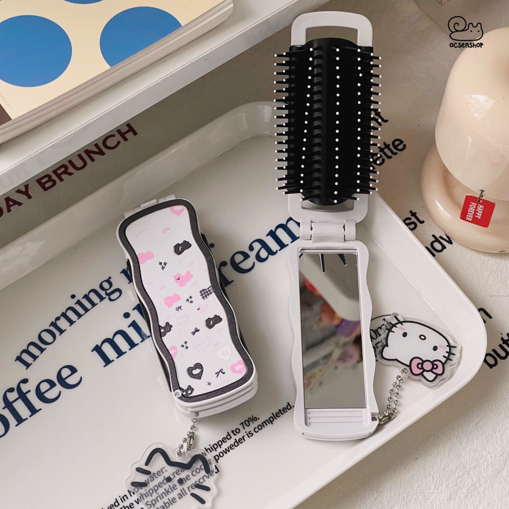 Lược gập kèm gương Mèo đen (Kèm móc)