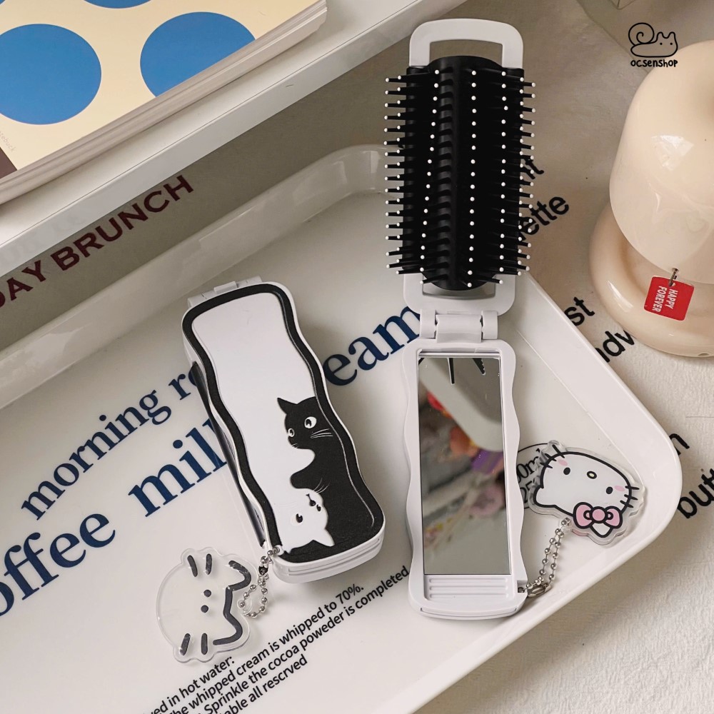 Lược gập kèm gương Mèo đen (Kèm móc)