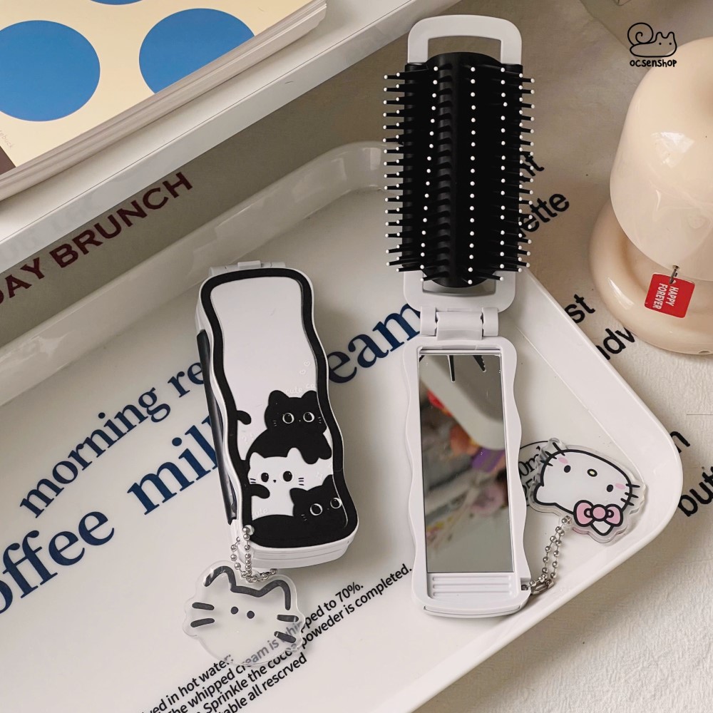 Lược gập kèm gương Mèo đen (Kèm móc)