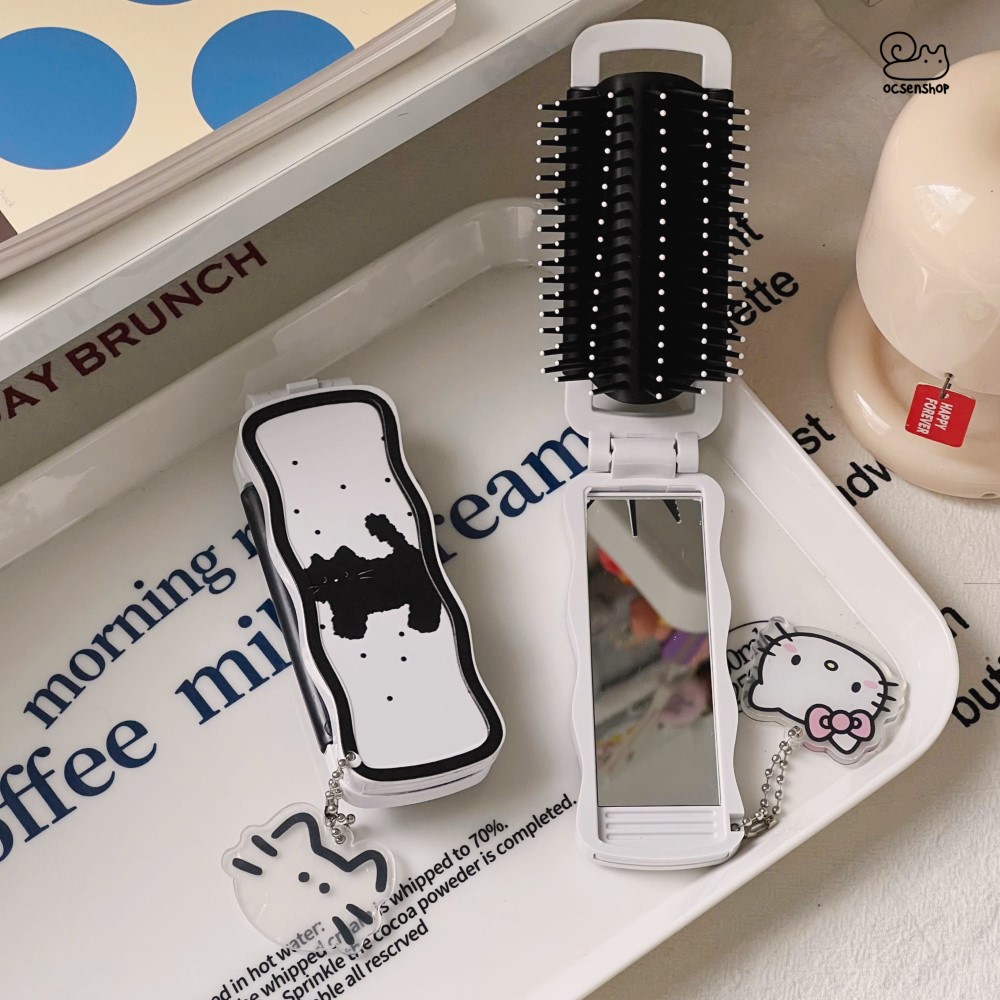 Lược gập kèm gương Mèo đen (Kèm móc)