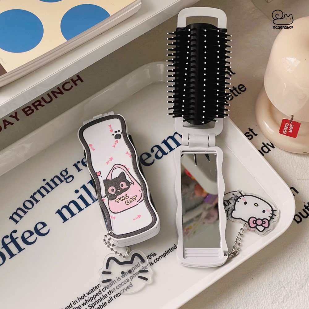 Lược gập kèm gương Mèo đen (Kèm móc)