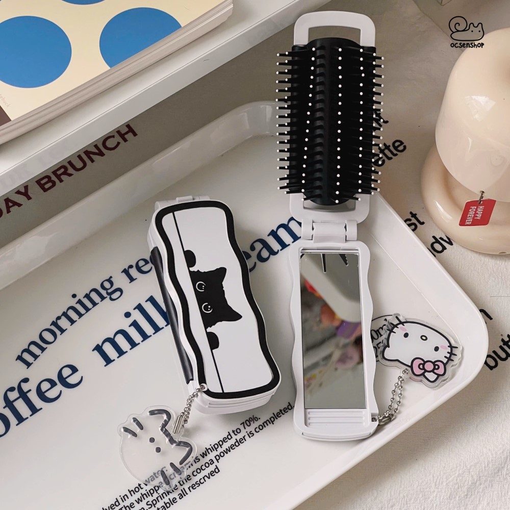 Lược gập kèm gương Mèo đen (Kèm móc)