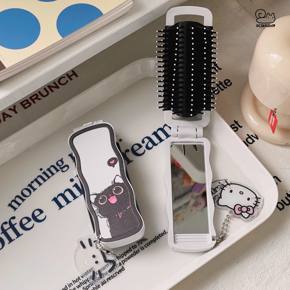 Lược gập kèm gương Mèo đen (Kèm móc)