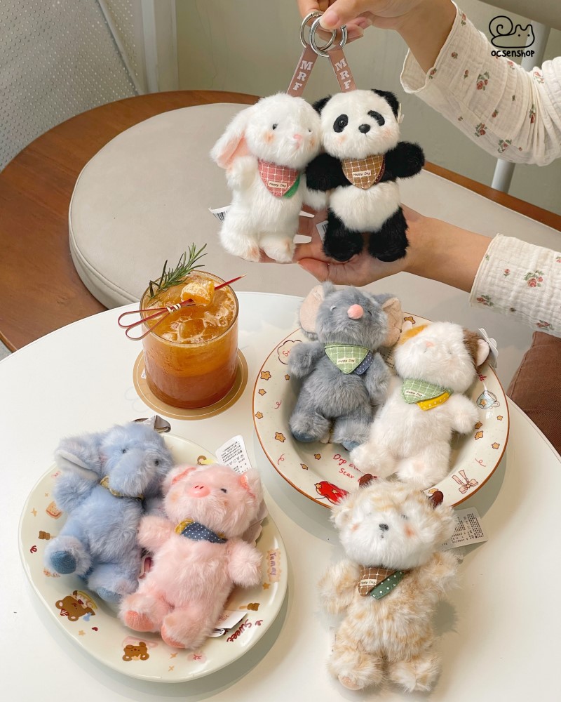 Móc khóa bông Động vật đeo yếm kẻ (14cm)