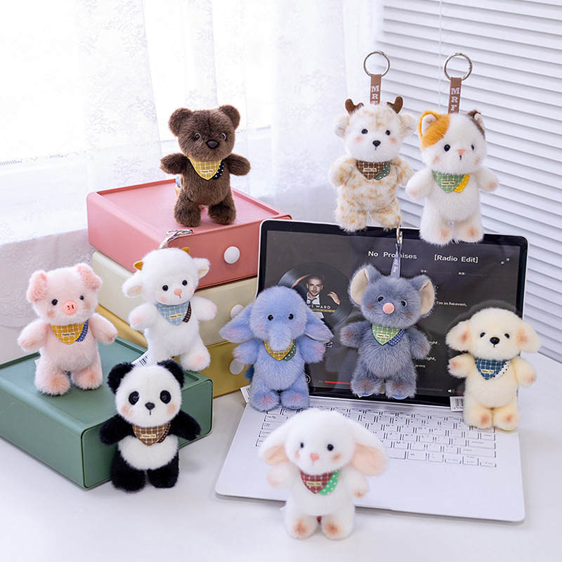 Móc khóa bông Động vật đeo yếm kẻ (14cm)