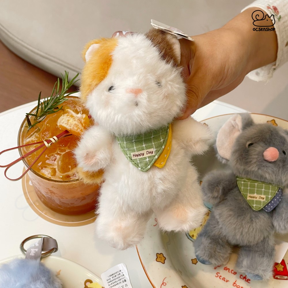 Móc khóa bông Động vật đeo yếm kẻ (14cm)