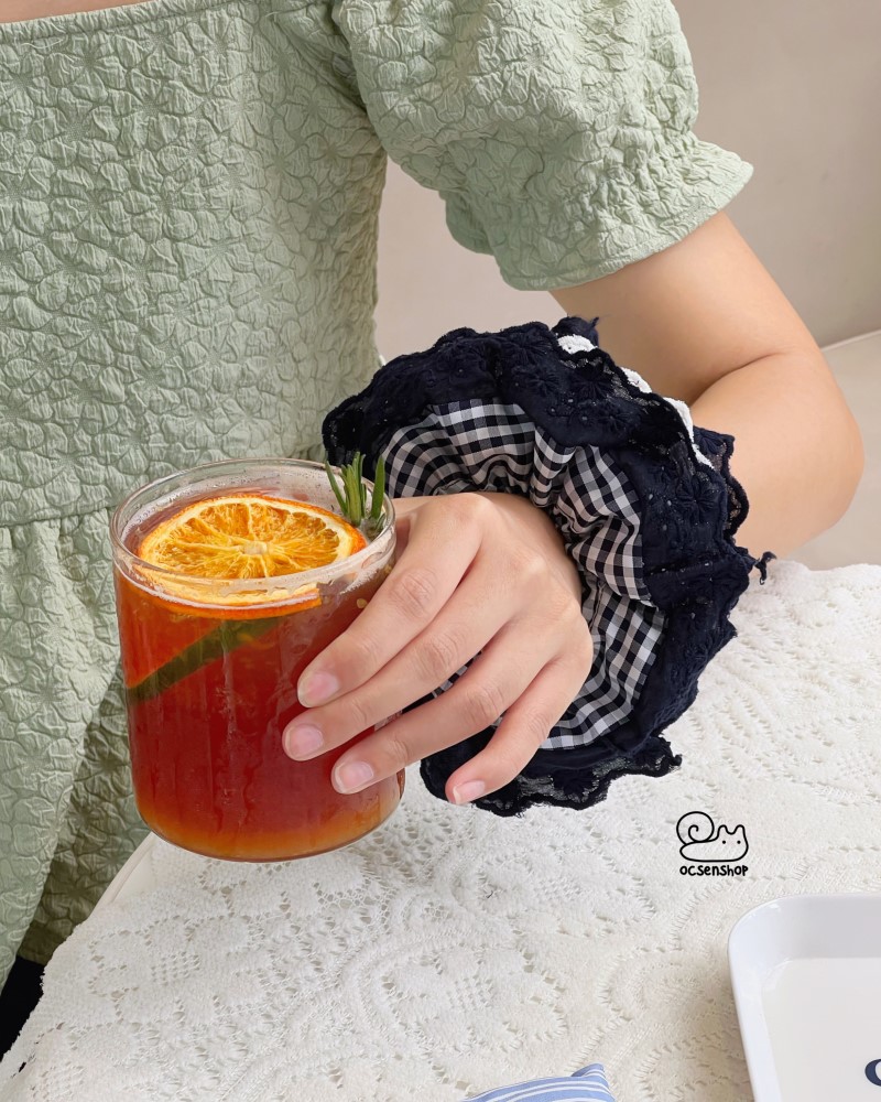 Scrunchie kẻ ô xanh ren mix trắng xanh (4 lớp)