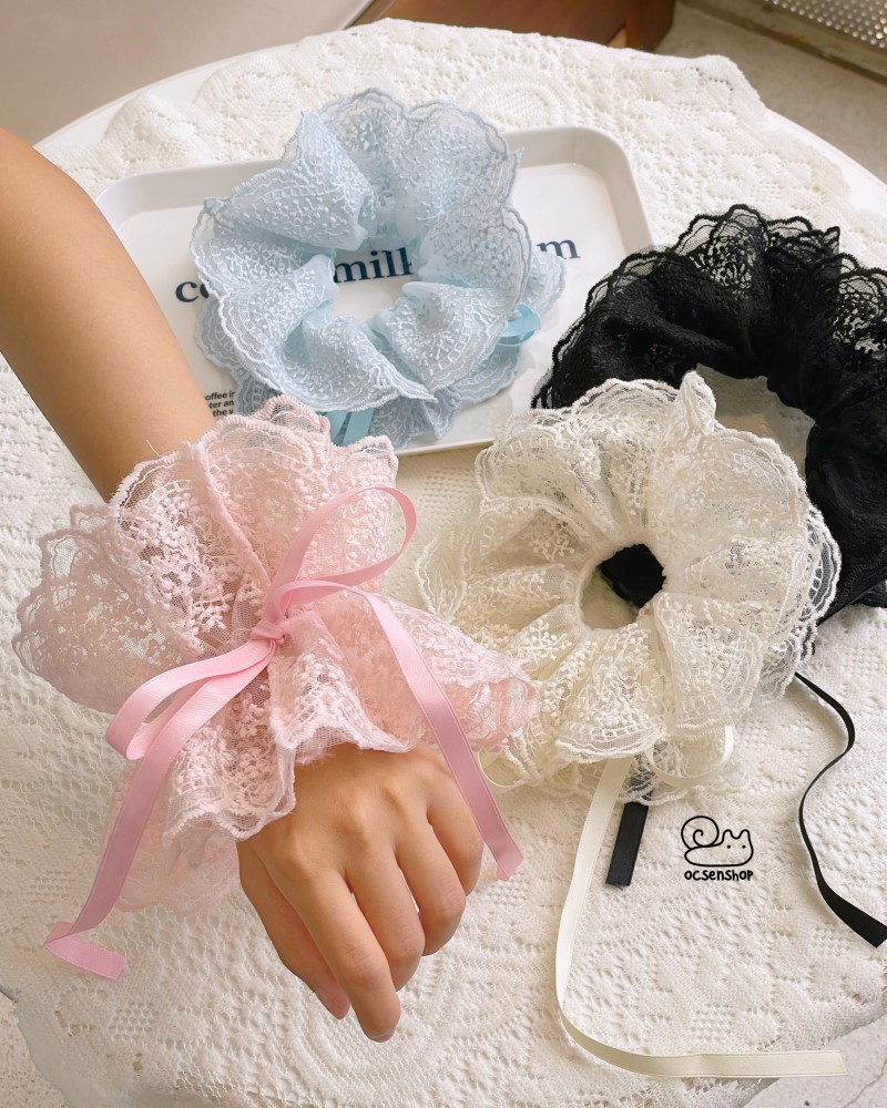 Scrunchie ren thắt ruy băng (4 lớp)
