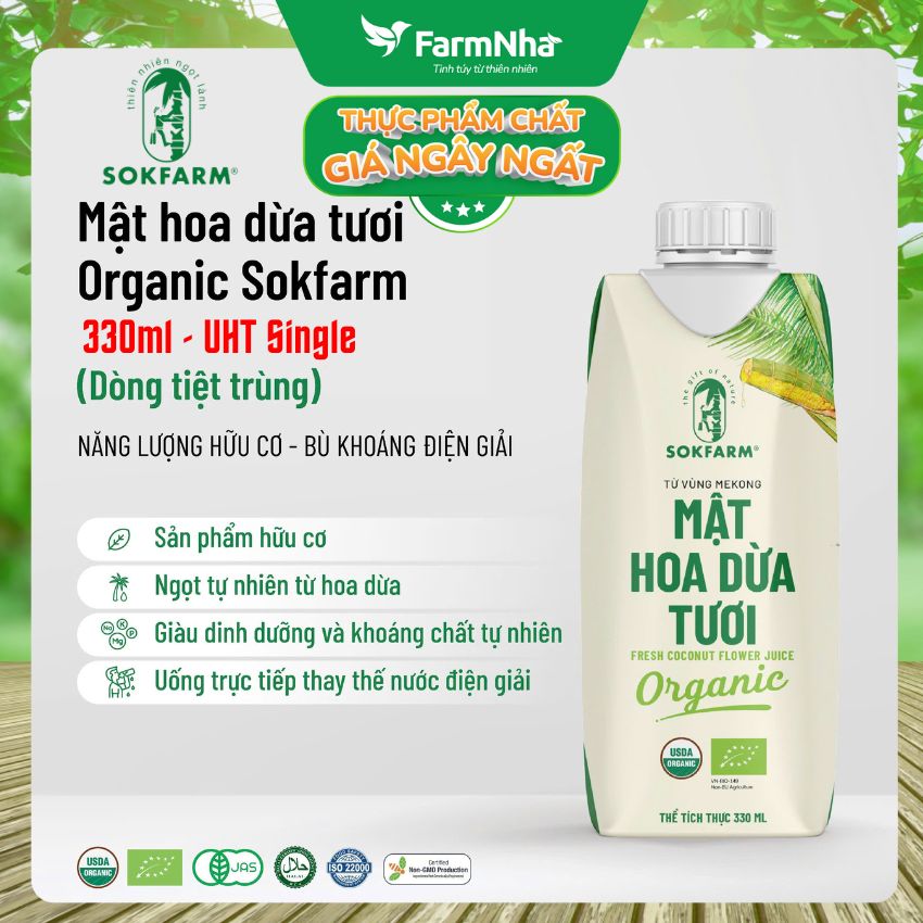 (1 Thùng 12 hộp) Nước Uống Mật Hoa Dừa Tươi Sokfarm 330ml UHT – Hữu Cơ Giàu Khoáng Tự Nhiên, Uống Là Khỏe