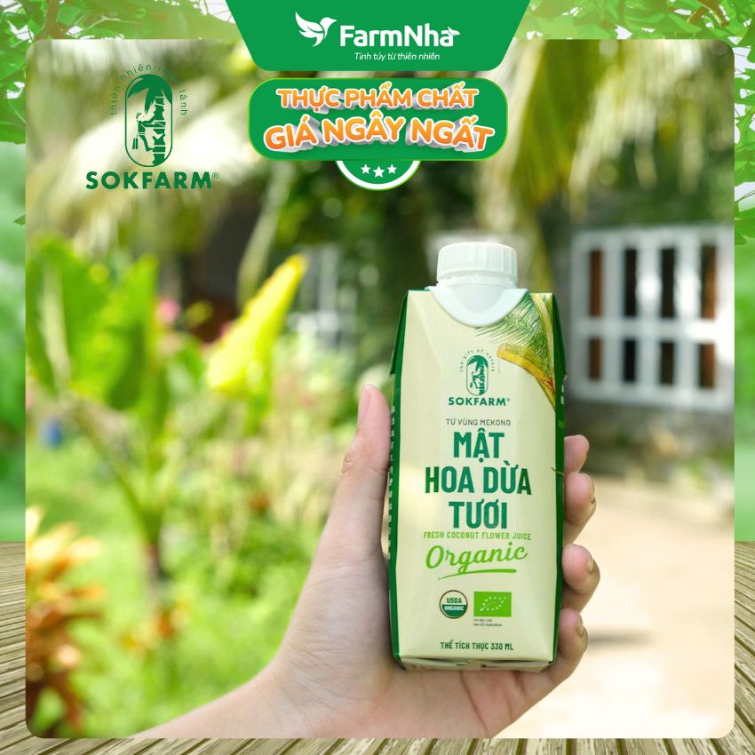 (1 Thùng 12 hộp) Nước Uống Mật Hoa Dừa Tươi Sokfarm 330ml UHT – Hữu Cơ Giàu Khoáng Tự Nhiên, Uống Là Khỏe