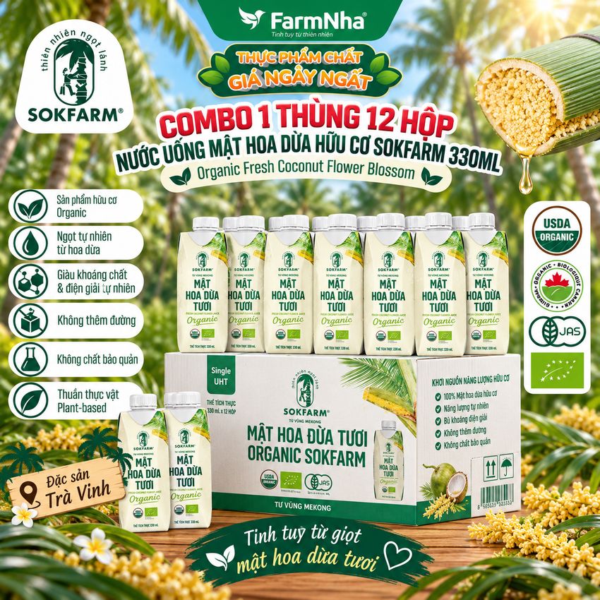 (1 Thùng 12 hộp) Nước Uống Mật Hoa Dừa Tươi Sokfarm 330ml UHT – Hữu Cơ Giàu Khoáng Tự Nhiên, Uống Là Khỏe 