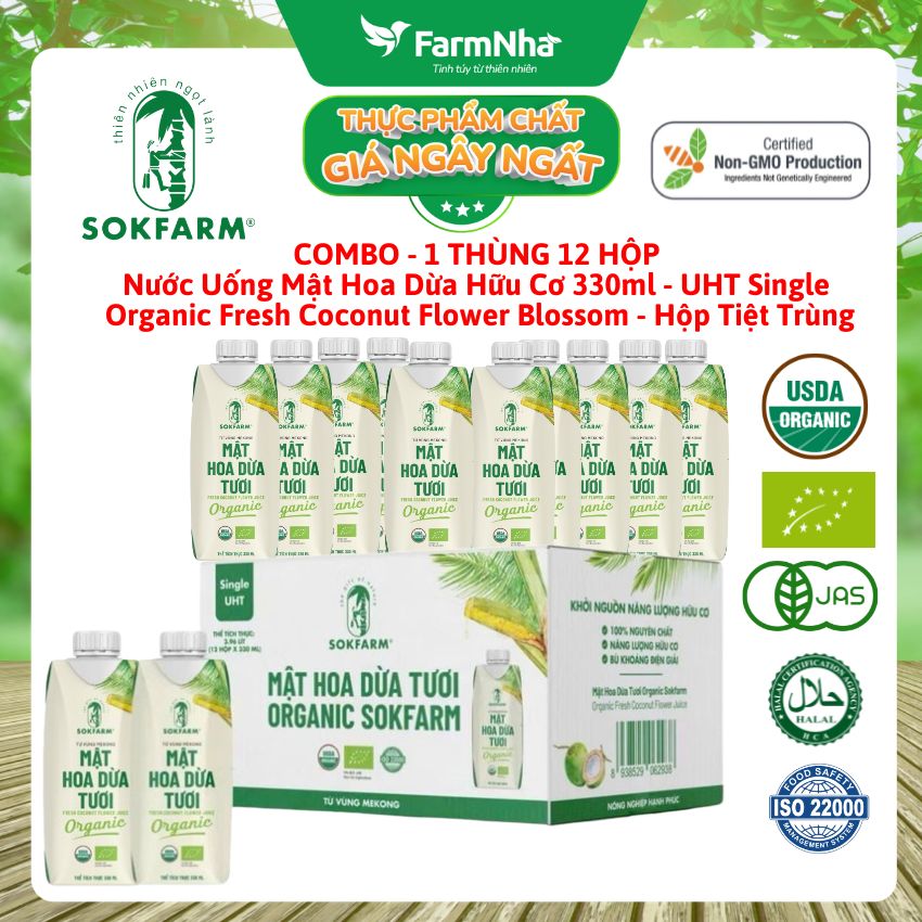 (1 Thùng 12 hộp) Nước Uống Mật Hoa Dừa Tươi Sokfarm 330ml UHT – Hữu Cơ Giàu Khoáng Tự Nhiên, Uống Là Khỏe 