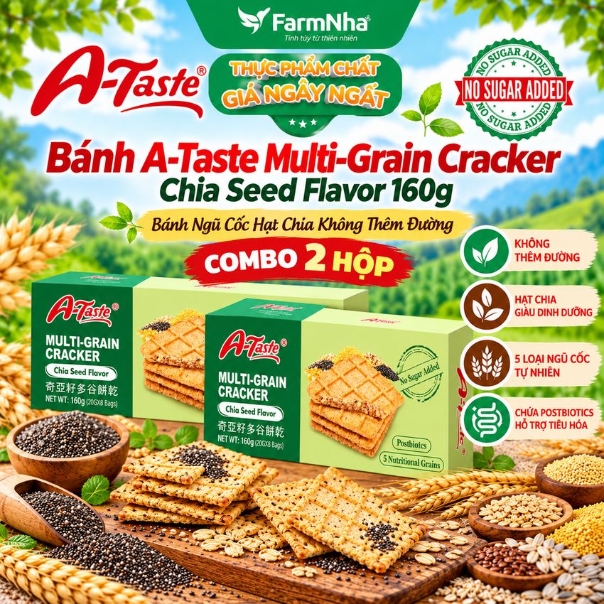 (Combo 2) Bánh A-Taste Multi-Grain Cracker Chia Seed Flavor 160g - Ngũ Cốc Hạt Chia Không Thêm Đường