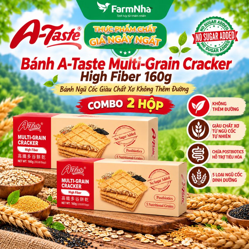 (Combo 2) Bánh A-Taste Multi-Grain Cracker High Fiber 160g - Ngũ Cốc Giàu Chất Xơ Không Thêm Đường