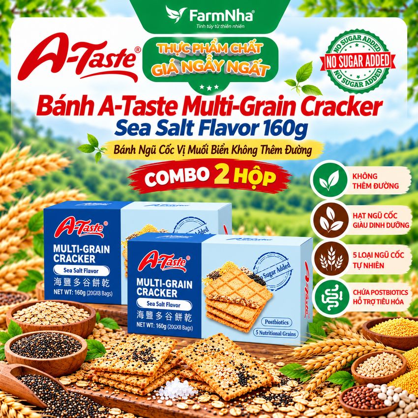 (Combo 2) Bánh A-Taste Multi-Grain Cracker Sea Salt Flavor 160g - Ngũ Cốc Vị Muối Biển Không Thêm Đường