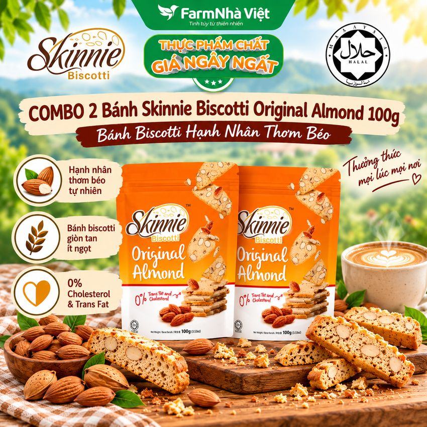 (Combo 2) Bánh Skinnie Biscotti Original Almond 100g - Biscotti Hạnh Nhân Truyền Thống Thơm Béo
