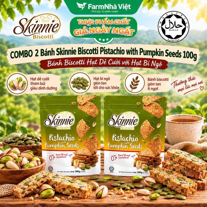 (Combo 2) Bánh Skinnie Biscotti Pistachio Pumpkin Seeds 100g - Hạt Dẻ Cười với Hạt Bí Ngô