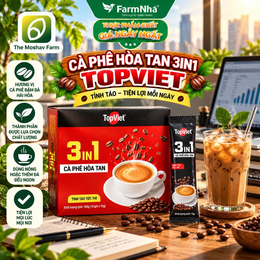 (Combo 2) Cà Phê Hòa Tan 3in1 TopViet 150g – Cà Phê Sữa Hòa Tan 10 Gói × 15g