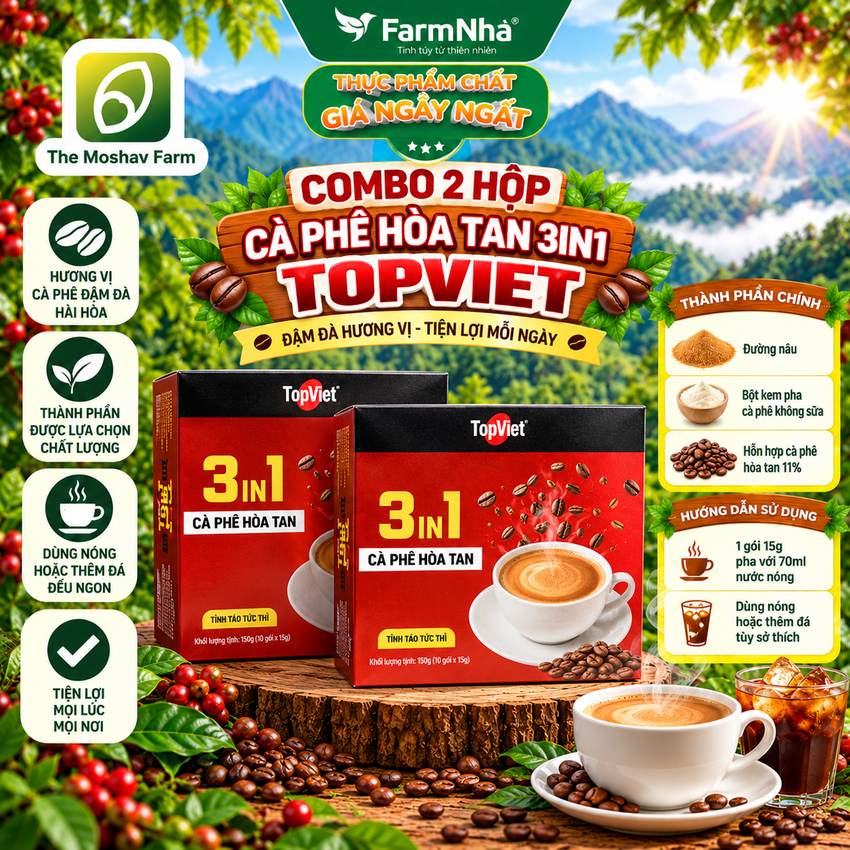 (Combo 2) Cà Phê Hòa Tan 3in1 TopViet 150g – Cà Phê Sữa Hòa Tan 10 Gói × 15g 