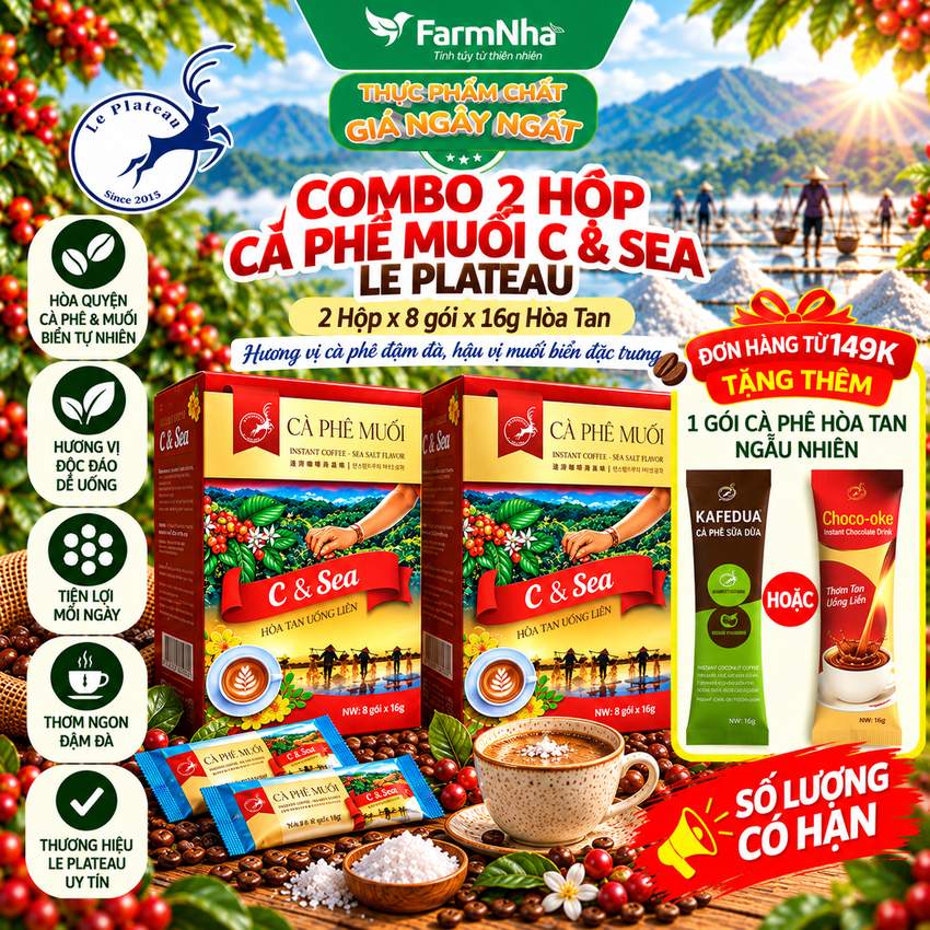 (Combo 2) Cà Phê Muối Hòa Tan C & Sea Le Plateau Hộp 128g 8 góix16g - Vị Thơm Béo Mặn Mà Muối Biển