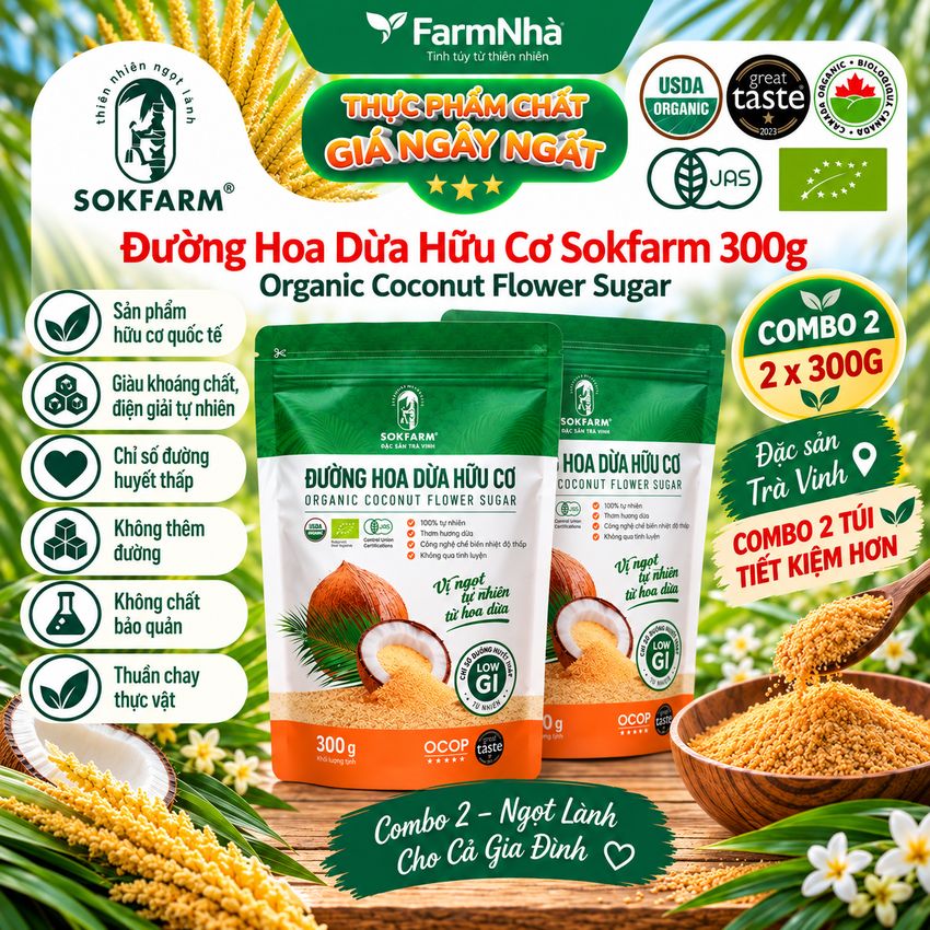 (Combo 2) Đường hoa dừa Hữu Cơ Sokfarm Túi 300gr - Chỉ số đường huyết thấp, tăng cường sức khỏe