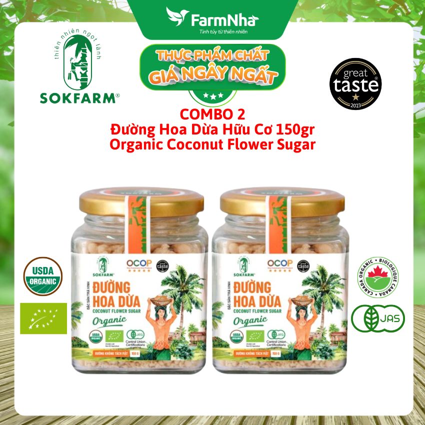 (Combo 2) Đường hoa dừa Hữu Cơ Sokfarm Hủ 150gr - Chỉ số đường huyết thấp, tăng cường sức khỏe