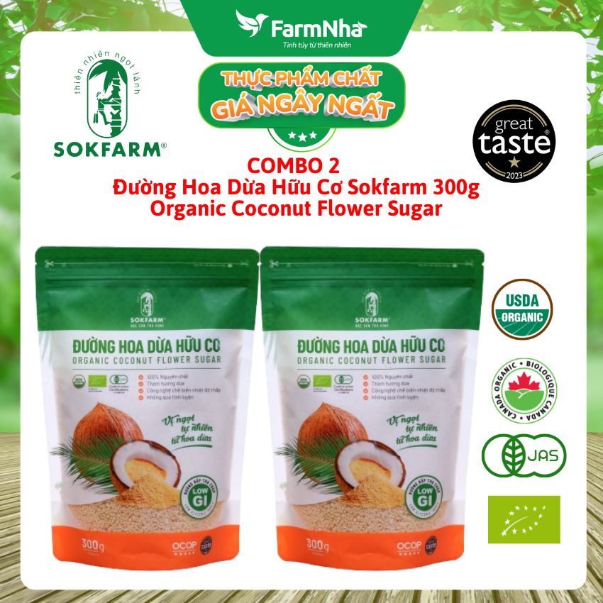 (Combo 2) Đường hoa dừa Hữu Cơ Sokfarm Túi 300gr - Chỉ số đường huyết thấp, tăng cường sức khỏe