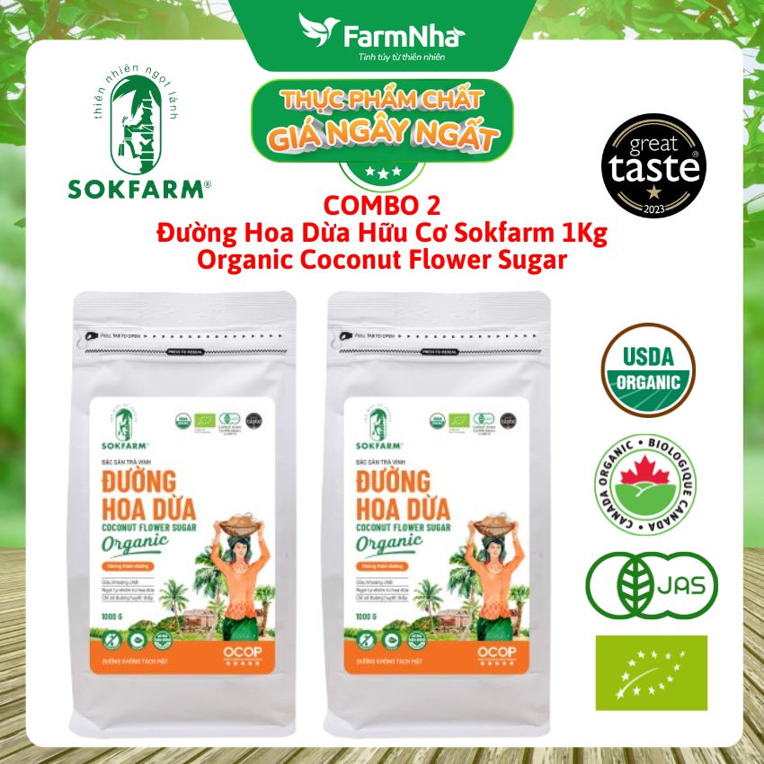 (Combo 2) Đường hoa dừa Hữu Cơ Sokfarm túi 1kg - Chỉ số đường huyết thấp, tăng cường sức khỏe