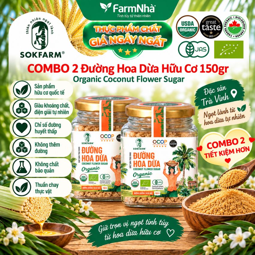 (Combo 2) Đường hoa dừa Hữu Cơ Sokfarm Hủ 150gr - Chỉ số đường huyết thấp, tăng cường sức khỏe