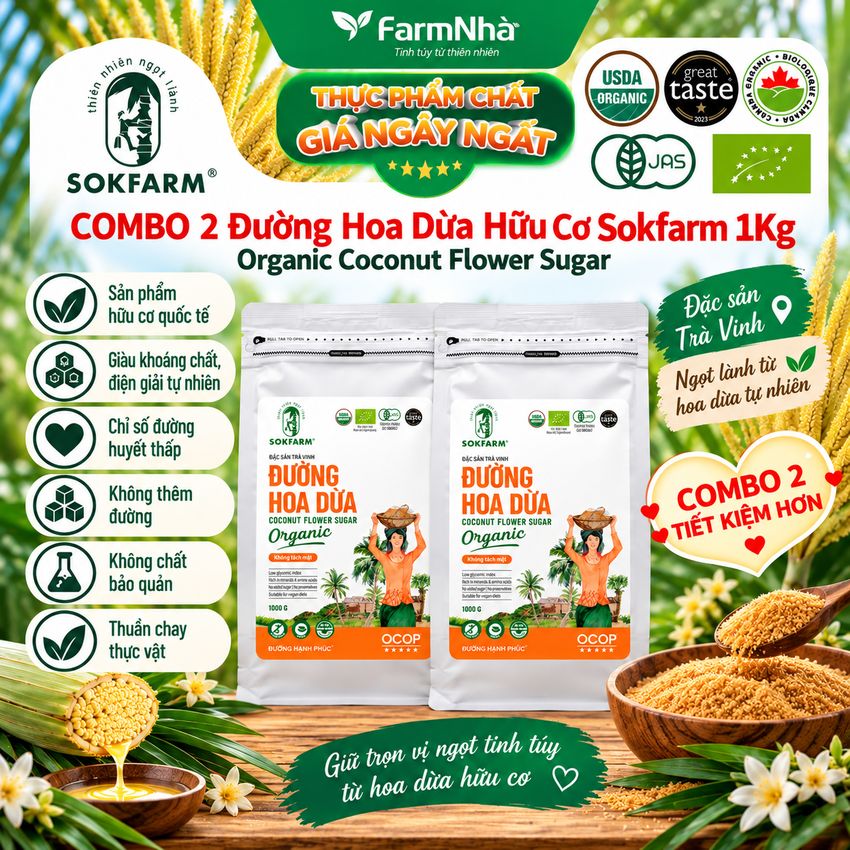 (Combo 2) Đường hoa dừa Hữu Cơ Sokfarm túi 1kg - Chỉ số đường huyết thấp, tăng cường sức khỏe