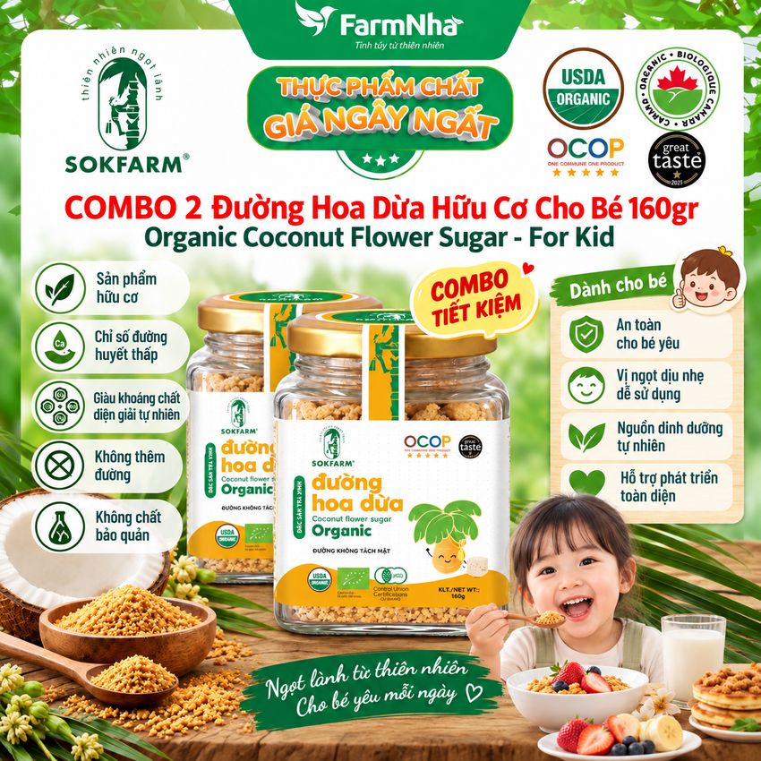 (Combo 2) Đường Hoa Dừa Hữu Cơ Sokfarm 160g Cho Bé | Đường Tự Nhiên Chỉ Số GI Thấp An Toàn Cho Bé