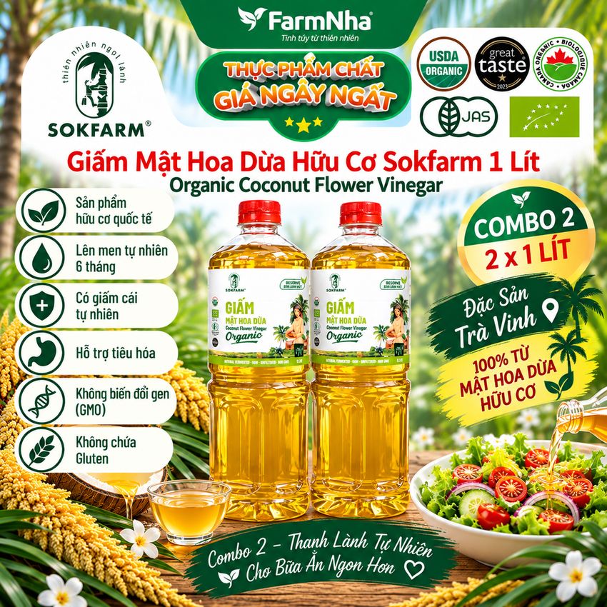(Combo 2) Giấm Mật Hoa Dừa Sokfarm Hữu Cơ 1 lít – Giấm Mẹ Vị Chua Tự Nhiên Tốt Cho Sức Khỏe