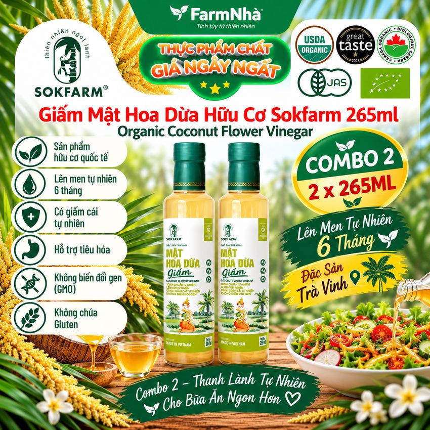 (Combo 2) Giấm Mật Hoa Dừa Sokfarm Hữu Cơ 265ml – Giấm Mẹ Vị Chua Tự Nhiên Tốt Cho Sức Khỏe