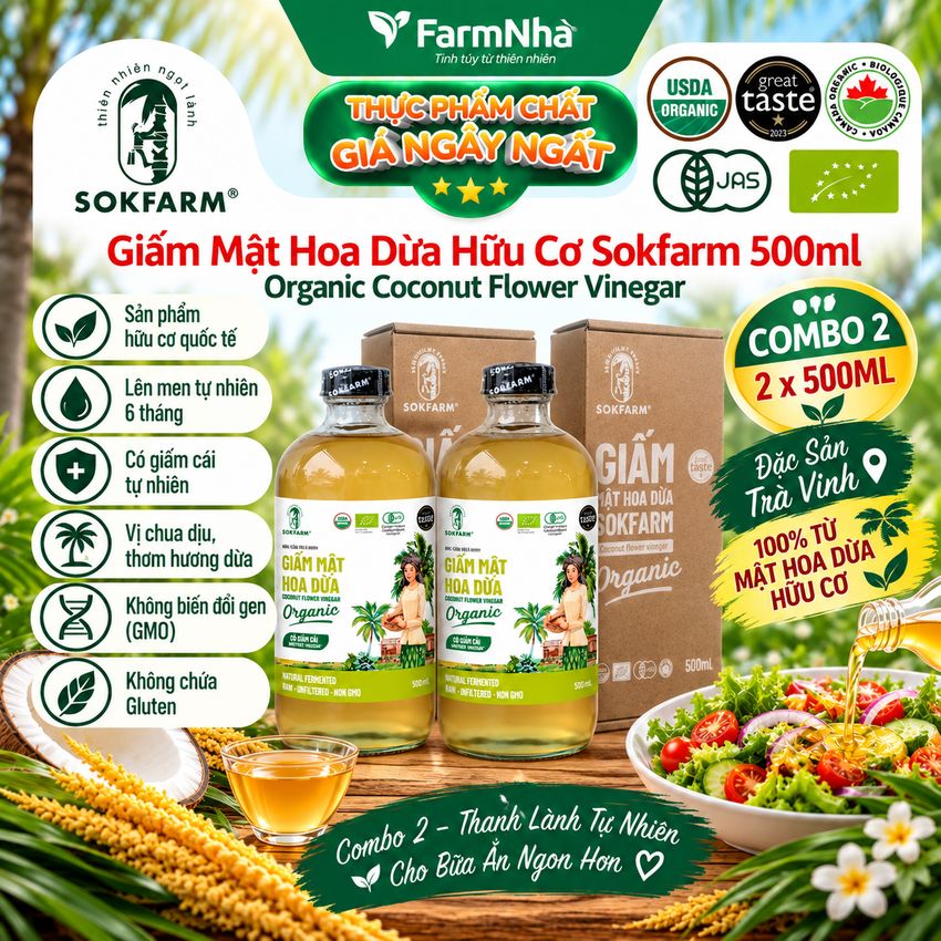 (Combo 2) Giấm Mật Hoa Dừa Sokfarm Hữu Cơ 500ml – Giấm Mẹ Vị Chua Tự Nhiên Tốt Cho Sức Khỏe
